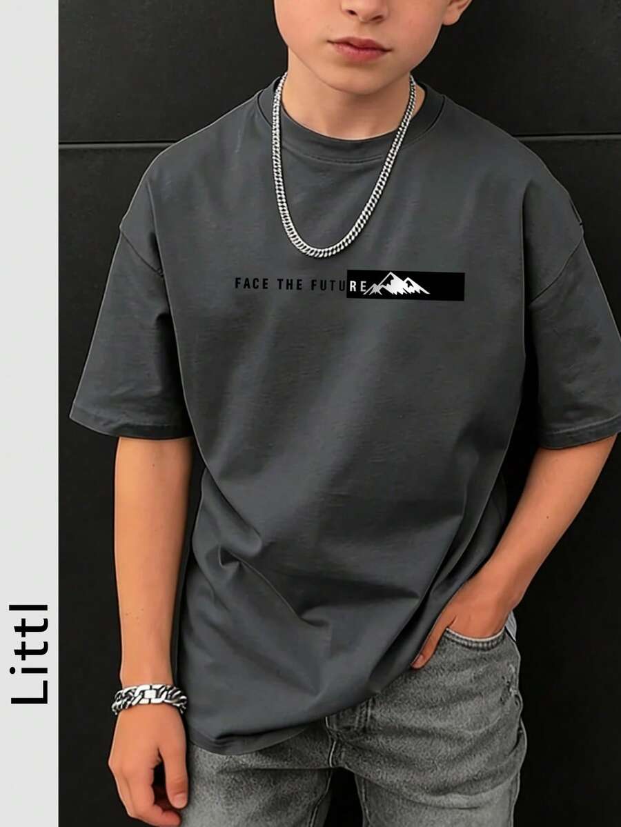 男童及青少年休闲印花圆领短袖T恤，夏季上衣 - 深灰色 - 查看 1