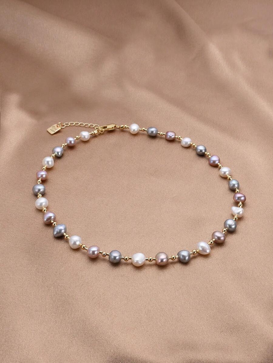 1pc 18K Gold Plated Natural Freshwater Pearl Necklace, Gift For Women, Mother's Day, Valentine's Day, Birthday, Wedding, Bride - Multicolor - View 1