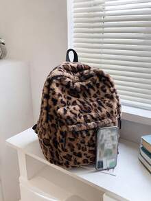 Allover Leopard Pattern Fluffy Backpack, Bag For School For College School Bag, School Backpack Large Capacity For Teen Girls Women College Students College, Middle School, High School, Outdoors, Travel, Outings, Back To School Back To School, Cute, Suitable For Teen Girls Women College Students Outdoors, Travel, Outings, Leopard Print Bag, Fall Winter Fashionable Cheetah Print Purse For Women ,University Bag - 棕色 - 查看 2