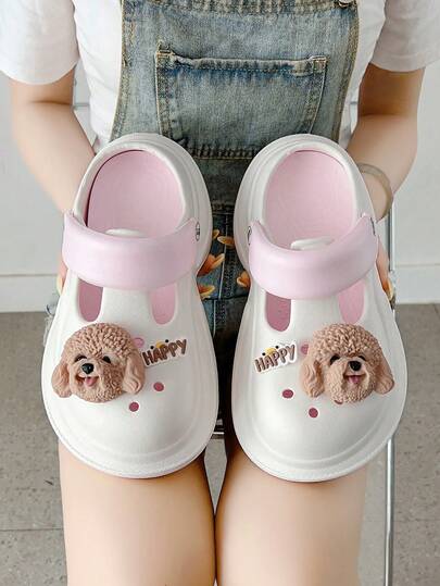  ASOFTER Summer New Cute Casual Women White Hollow Sandals, Teddy Dog Decor Contrast Color Thick Sole Slippers, Suitable For Cherry Blossom Season, Ramadan, Graduation Season