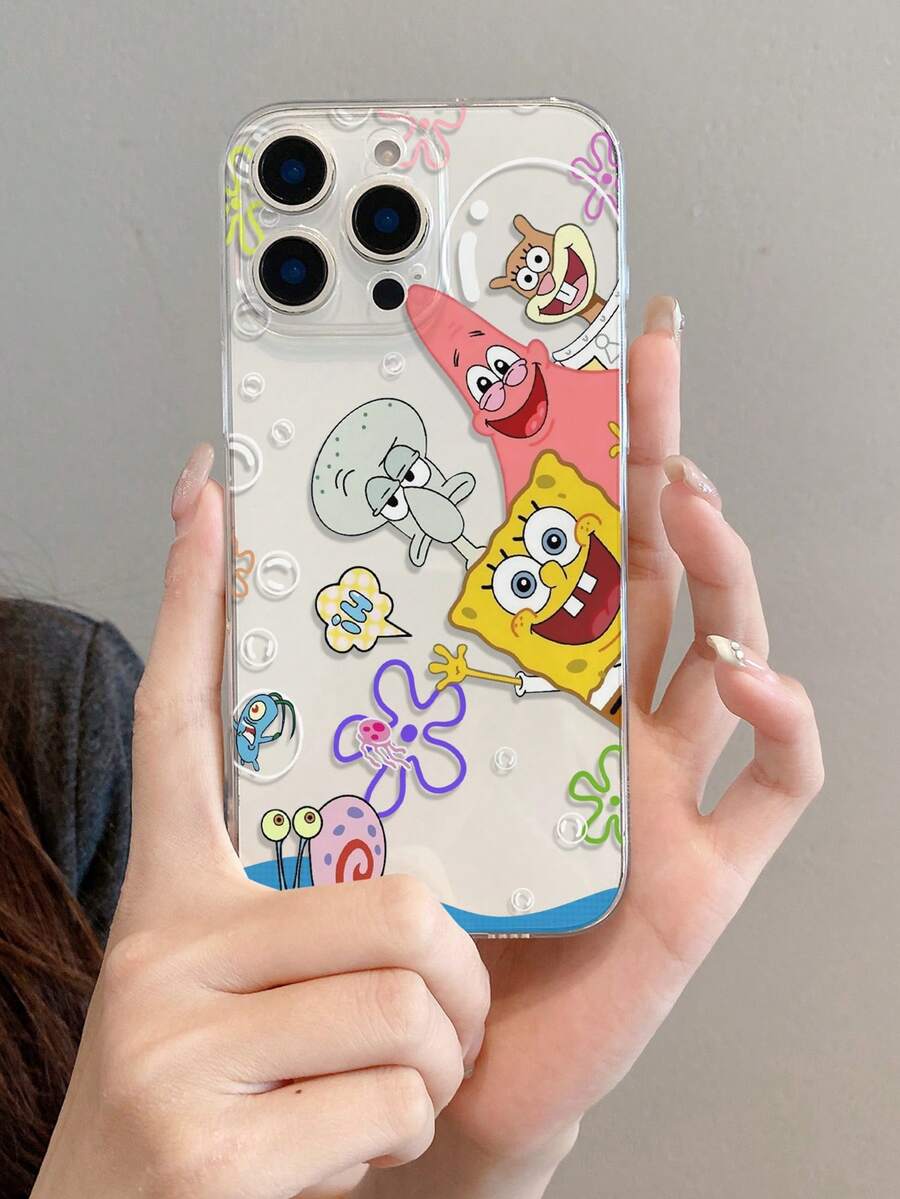 SPONGEBOB 1个创意海绵宝宝偷窥设计花卉泡泡彩绘透明防震手机壳，兼容三星/ 11/12/12 Pro Max/14 Pro Max/15/15 Pro/16/16 Pro Max/17 及其他型号 - 彩色 - 查看 1
