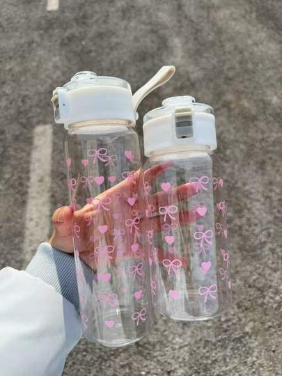 Cute Bow Transparent Water Bottle, Leak-Proof Flip Cap Sports Water Bottle For Women, Large Capacity Portable Outdoor Cycling Water Cup For School, Gym, Daily Use, Reusable Plastic Bottle