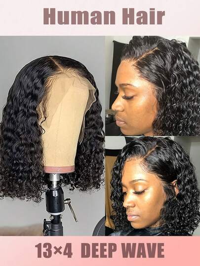 深波浪短假发，真人发卷发13x4前额假发，蕾丝前额短波波头假发，8-16英寸深波浪蕾丝前额真人发假发，预先拔毛并带有婴儿发，200%密度深波浪13x4卷发波波头真人发假发，透明蕾丝前额假发，打造自然发际线，深波浪波波头蕾丝前额假发，真人发，预先拔毛并预先剪裁，适合初学者，自然黑色前额假发，适合女性，百搭发型