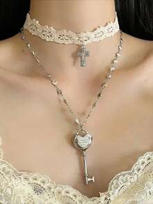 2件套 Y2K 白色蕾丝交叉带钥匙项链，女士甜美酷炫爱心双层项链，时尚派对饰品礼物 - 項鍊 - 查看 4