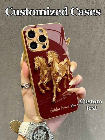 1pc Customizable Phone Case With Gold Horse Design, Tempered Glass Material, Compatible With IPhone 17 Air/16 ProMax/15 Pro/14 Plus/13 Pro/12 Pro Max/11/Xs Max/8/7/6 Plus, S24 Ultra/S25 Ultra/A12. 2026 Year Of The Horse Customized Version, Featuring Chinese Luxury And Zodiac Theme, Red And Gold Auspicious Color, Elegant Minimalist Design, Creative Personalized Gift