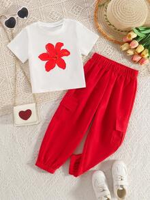 2件套女童休闲碎花圆领上衣和松紧腰工装裤套装，春夏款 - 紅色 - 查看 1