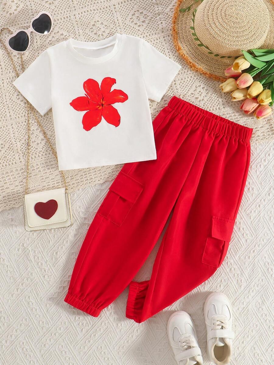 2件套女童休闲碎花圆领上衣和松紧腰工装裤套装，春夏款 - 紅色 - 查看 1