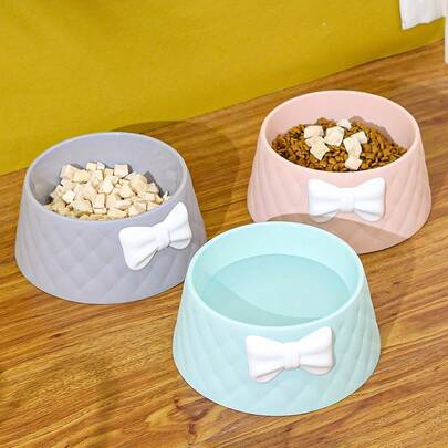 1pc Macaron Pet Bowl, Deep Anti-Leak INS Style Bow & Diamond Pattern Pet Bowl