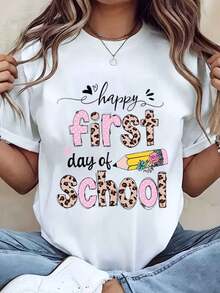 Women T Shirt Happy First Day Of School Leopard Print And Pencil Graphic Round Neck Casual Top For Back To School Season Gift 220g - 白色 - 查看 1