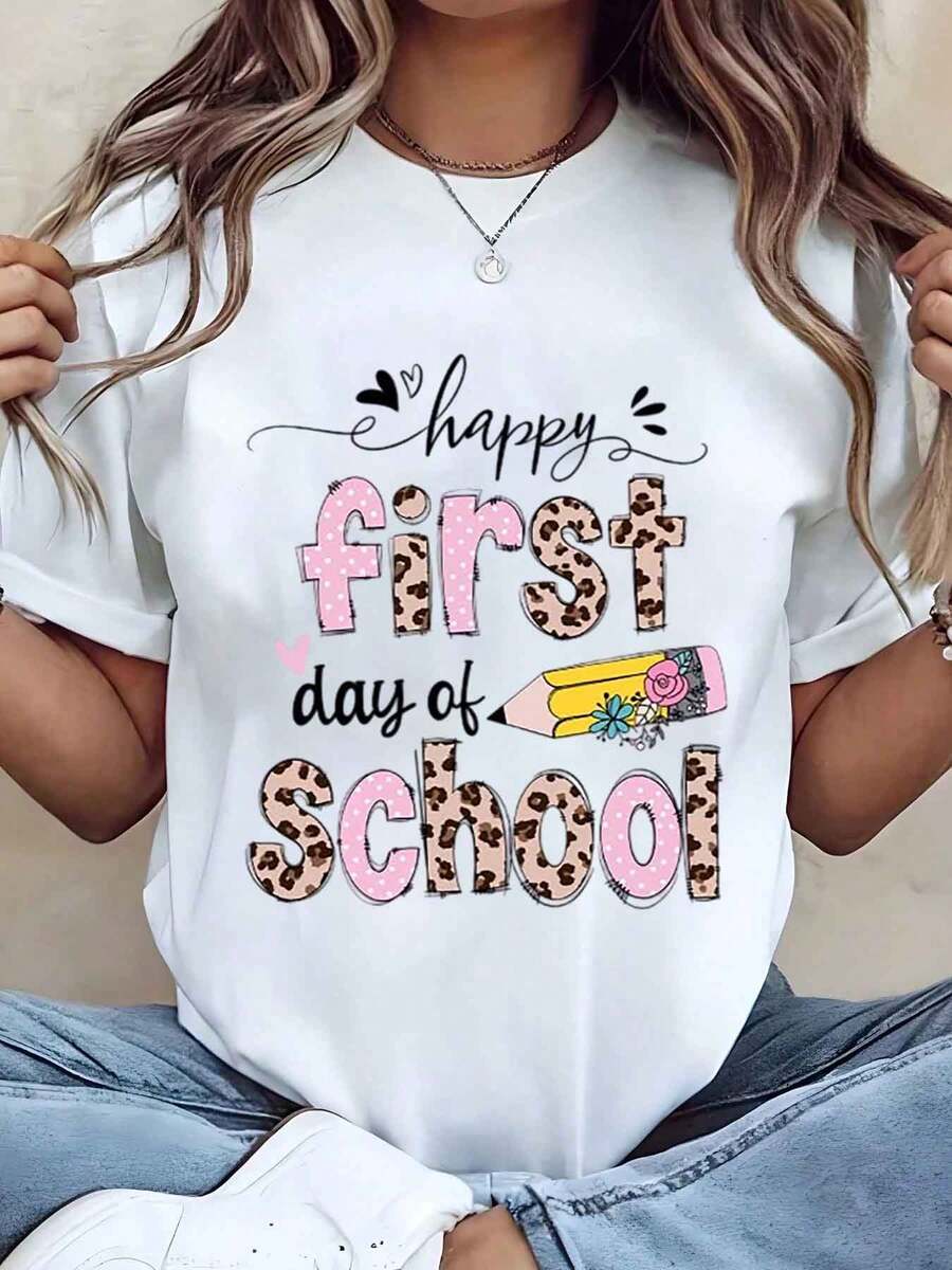 Women T Shirt Happy First Day Of School Leopard Print And Pencil Graphic Round Neck Casual Top For Back To School Season Gift 220g - 白色 - 查看 1