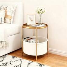 mesa de centro salaMesa Auxiliar Redonda con Cajón de Tela y Base Dorada - Mesita de Noche para Recámara Mesa Lateral para Sala Organizador Compacto con Almacenamiento Elegante - como en la foto - Ver 7