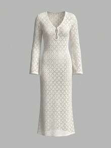 春夏度假奶油白镂空菱形针织V领长袖钥匙孔镂空修身短款上衣 - 米色 - 查看 6