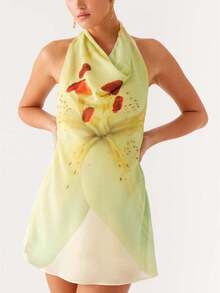 Women Floral Print Halter Backless Sleeveless Mini Dress, Resort Dresses For Women,Vacation Outfits ,Sexy Outfits For Women,,Bohemian Clothes Vacation Dress,Suitable For Going Out, Concert, Party, Club Outfits, Date, Night Out,Vacation ,Beach Outfits,Garden Wedding Guest Dress, Elegant Dress For Women,Valentine's Day,For Autumn And Winter,Sexy Elegant Party,Graduation,Prom,Luxury Evening, National Day, New Year Clothes, Going Out Outfit, - 淡黃色 - 查看 1