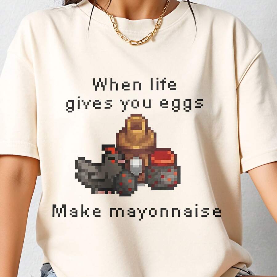Crewneck T Shirt Cream When Life Gives You Eggs Make Mayonnaise Pixel Art And Text Graphic Design Casual Wear For Everyday Outfits 100% Cotton 1PC 180g - 白色 - 查看 1