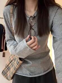 宽松卷边长袖T恤，轻薄面料，修身版型，春季叠穿上衣 - 灰色 - 查看 2