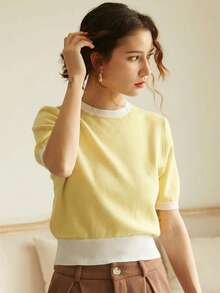Elegante Damen Frühlings-/Sommer Mode Alltags Lässig Französischer Stil Gerippter Saum Kurzarm Farbblock Strick Pullover Top, Minimalistischer Retro Frühlings-/Sommer Stil, Frühlings-/Sommer Damenmode, Valentinstag Damenmode - Hellgelb - Übersicht 4