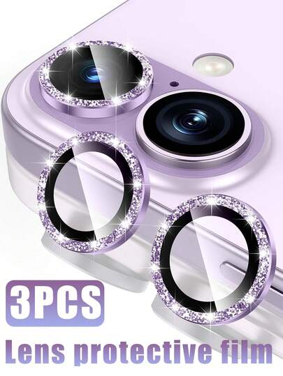 3片装9H钢化玻璃相机镜头保护膜，兼容苹果17/17 Pro/17 Pro Max/16 Pro/16 Pro Max，手机配件，独立金属装饰保护膜，适用于手机壳，灰色带金色闪粉，情人节礼物。适用于日常防护、办公、居家使用。闪亮水晶防水防震防摔防刮花。
