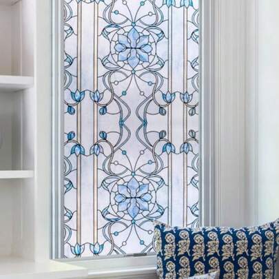 3D Stained Glass Window Privacy Film Heat Control UV Blocking Static Cling Decorative Window Film For Bathroom Front Door Home Non Adhesive 35.4 X 78.7 Inches Azure Bloom