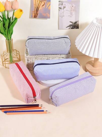 Bubble Gauze Embroidered Striped Pencil Case, Large Capacity Desktop Storage Bag, Portable Pencil Box, Student Office Stationery Organizer, Zipper Pencil Case, Study Supplies Storage, Travel Stationery Bag, Gift Set