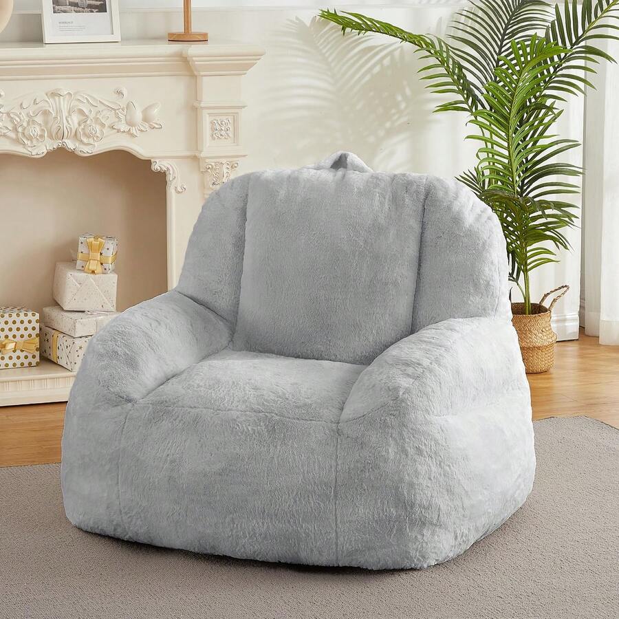 Puff para Adultos y Adolescentes - Sillón de Microperlas Grande, Color Gris Claro | Ideal para Sala, Cuarto de Juegos o Sótano, Relleno Incluido - Gris - Ver 1