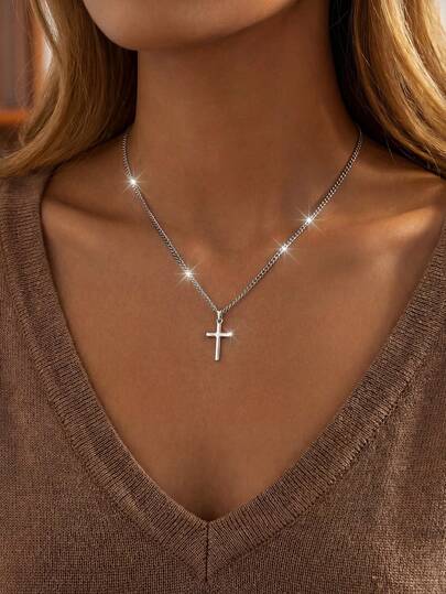 1pc High Gloss Cross Necklace, 925 Sterling Silver, Polished Smooth Cross Design, Classic Religious Style, Suitable For Elegant Daily Wear