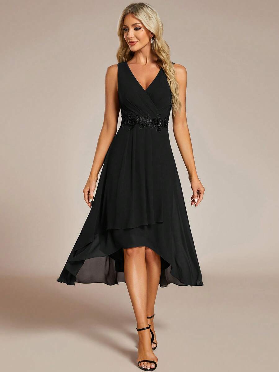 Elegant Spring V-Neck Embroidered Appliques Pleated Chiffon Bridesmaid Dresses Formal Dress Wedding Guest Gown Black