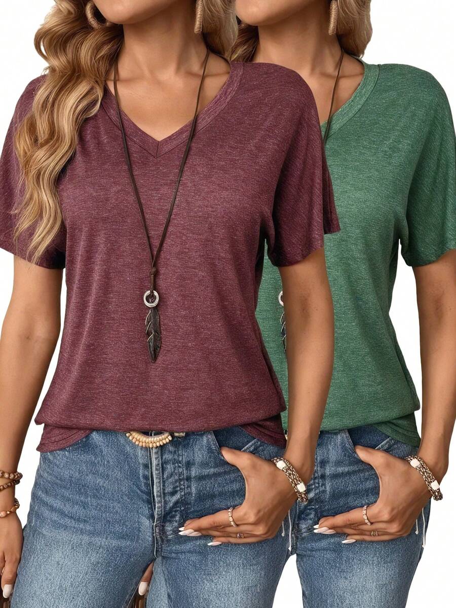2 buah Kaos V-Neck Warna Polos Ukuran Besar, Kaos Lengan Pendek Kasual untuk Musim Semi/Panas, Nyaman untuk Dipakai Sehari-hari, Wanita Ukuran Besar