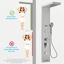 Panel de Ducha de Níquel Cepillado – Sistema 6 en 1 con Lluvia Tropical, Cascada, Ducha de Mano, 2 Jets Corporales y Salida para Bañera – Juego de Ducha Moderno para Baño Montado en Pared - Plateado - Ver 8