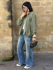 女士时尚通勤休闲薄款羽绒服，春季新品 - 軍綠色 - 查看 5