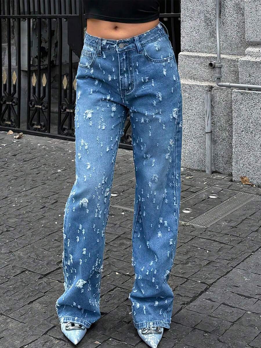 Pantalones vaqueros rotos enteros de chica cool, tela vaquera sin elasticidad, ajustados para salir en la calle - Azul lavado medio - Ver 1