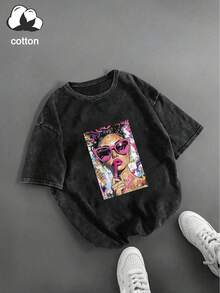复古水洗短袖T恤，印有嘴唇图案和心形太阳镜，女士波普艺术涂鸦图案T恤，女士水洗棉T恤，日常女装，雪花图案面料，舒适圆领休闲上衣，复古做旧T恤，春夏服装，女士节日服装，情人节，夏季黑色 - 黑色 - 查看 1