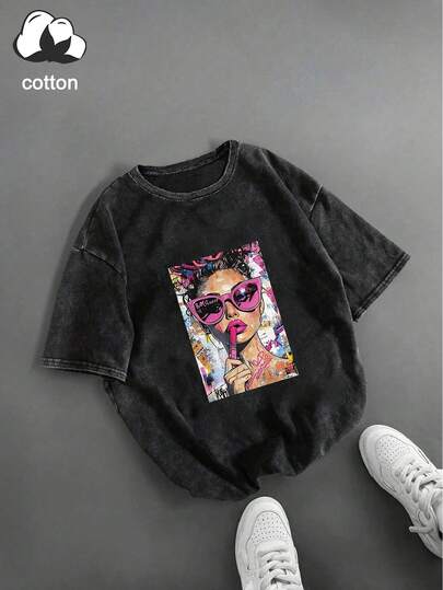 Vintage Washed T-Shirt, Short-Sleeve Top ,Heart-Shaped Sunglasses With Lipstick On, A Pop Art Street Graffiti Artwork For Women, Women's T-Shirt, Washed Cotton T-Shirt, Everyday Women's Wear, Snowflake Fabric, Comfortable Round-Neck Casual Top, Retro Distressed T-Shirt, Women's Clothing, Spring And Summer Apparel,Women's Vacation Outfits, Valentine's Day, Tops, Summer Clothes, Plus-Size Women's Clothing, Valentine's Day Outfits