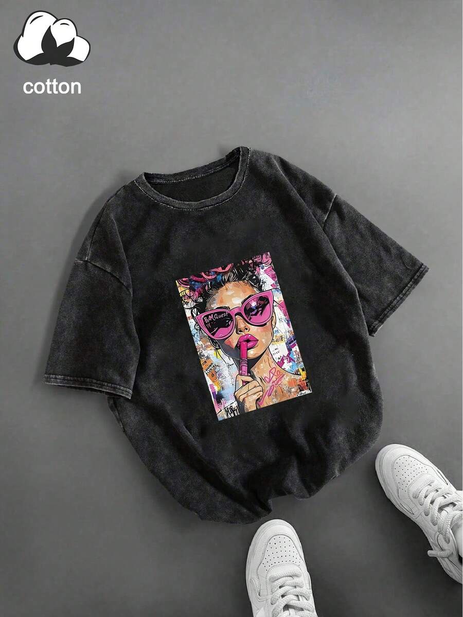 复古水洗短袖T恤，印有嘴唇图案和心形太阳镜，女士波普艺术涂鸦图案T恤，女士水洗棉T恤，日常女装，雪花图案面料，舒适圆领休闲上衣，复古做旧T恤，春夏服装，女士节日服装，情人节，夏季黑色 - 黑色 - 查看 1