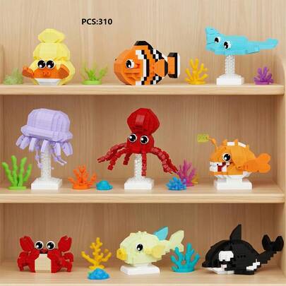 Small Particle Marine Building Block Series, Family Assembly Building Blocks, Stress Relief Building Blocks, Abstract Building Blocks, Building Block Decorations, Including Hermit Crab, Clownfish, Octopus, Whale And More, Suitable For Desk Decor, Gifts, Easter Gifts, Birthday Gifts, Back To School Gifts