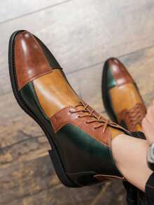 Men's Leather Color-Block High-Top Oxford Boots Fashion British Style Pointed Toe Lace Up Ankle Boots Casual Formal Business Wedding Dress Shoes - Xanh nâu - Xem 5