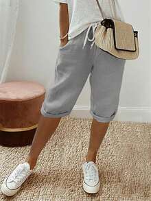 Jisfaneya Plus Size Women's Elastic-Waist Drawstring Versatile Casual Solid-Color Shorts Summer - Light Grey - View 2