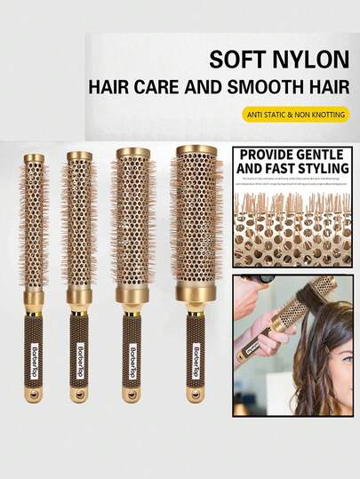 Lược tròn chuyên nghiệp cho salon 4 kích cỡ, lược cuộn tóc dạng ống nhôm chịu nhiệt, dụng cụ uốn tóc xoăn