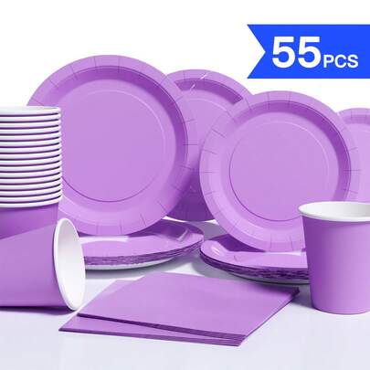 Bộ đĩa, khăn ăn và cốc dùng một lần màu tím, đồ dùng tiệc tùng, phù hợp cho 10 khách, bộ đồ ăn giấy dùng một lần thích hợp cho sinh nhật, đám cưới, tiệc tùng, dã ngoại gia đình.