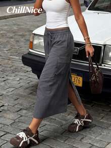 Women's Elegant Grey Cargo Midi Skirt - Elastic Waist Drawstring Pocketed Skirt, Lightweight & Wrinkle-Resistant For Spring, Casual Outings & Going Out - Grey - View 3