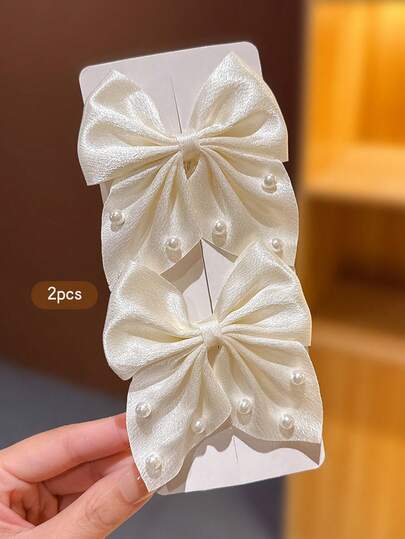 2 piezas Clips para el cabello con lazo de perlas falsas blancas, accesorios para el cabello de estilo dulce aptos para uso diario
