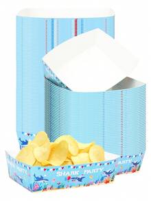 10个/30个/50个装蓝色鲨鱼主题派对用品纸质食品托盘一次性餐盘玉米片托盘食物船，适用于鲨鱼主题生日派对、婴儿派对、海底世界主题夏季假日派对装饰 - 彩色 - 查看 3