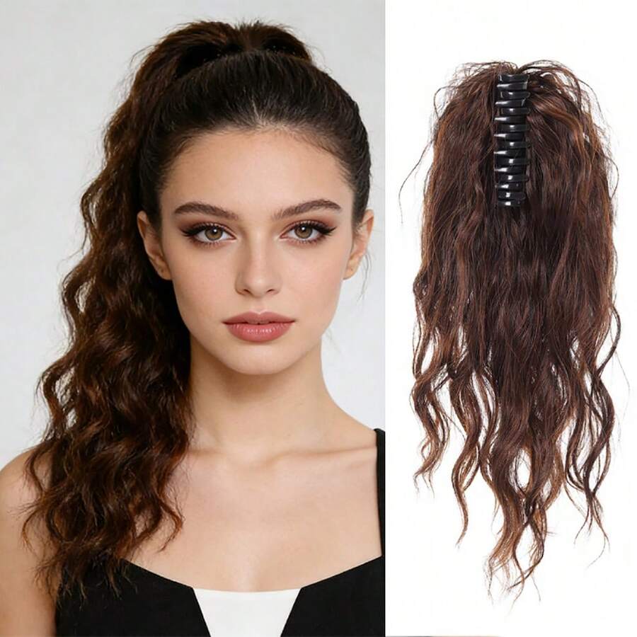 Clip-In Wavy Waterfall Ponytail Synthetic Hair Extensions, Fashionable Curly Wig - Dark Brown - View 1