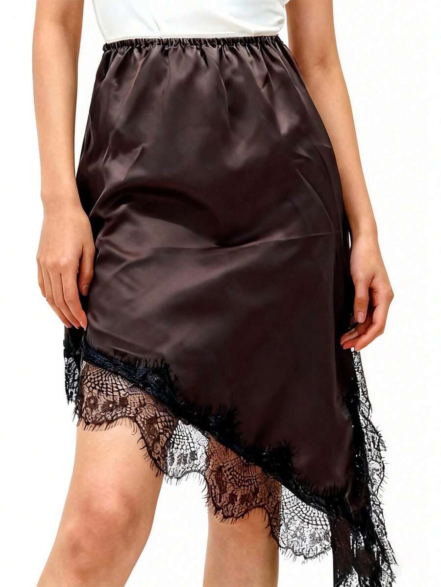 Womens Satin Asymmetrical Skirt Lace Patchwork Mid Rise Midi Skirt For Party Daily Life - Reddish Brown - View 1
