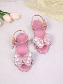 A Pair Of 2026 New-Style Girls' Glittering Butterfly Rhinestone Sequin Non-Slip Slip-On Low-Top Slip-On With Buckle Strap Flat Sandals | Suitable For School Days Outfits / Family Picnics / Children's Park Outings - Pink - View 2