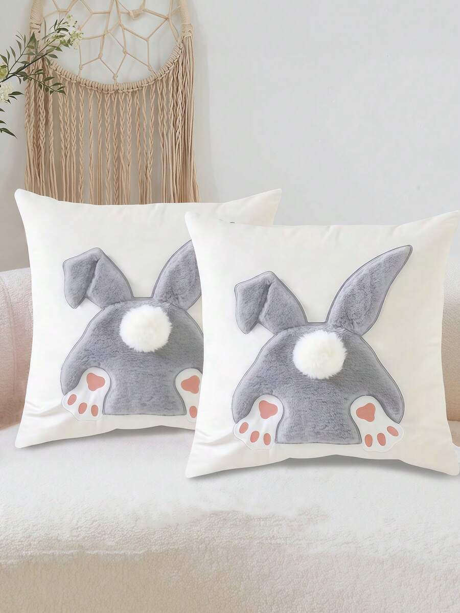 1/2/4pcs Short Plush Grey Easter Bunny Print Throw Pillow Cover, Contemporary Style, Polyester Decorative Cushion Case With Zipper Closure, Machine Washable, For Various Room Types - Grey - View 1