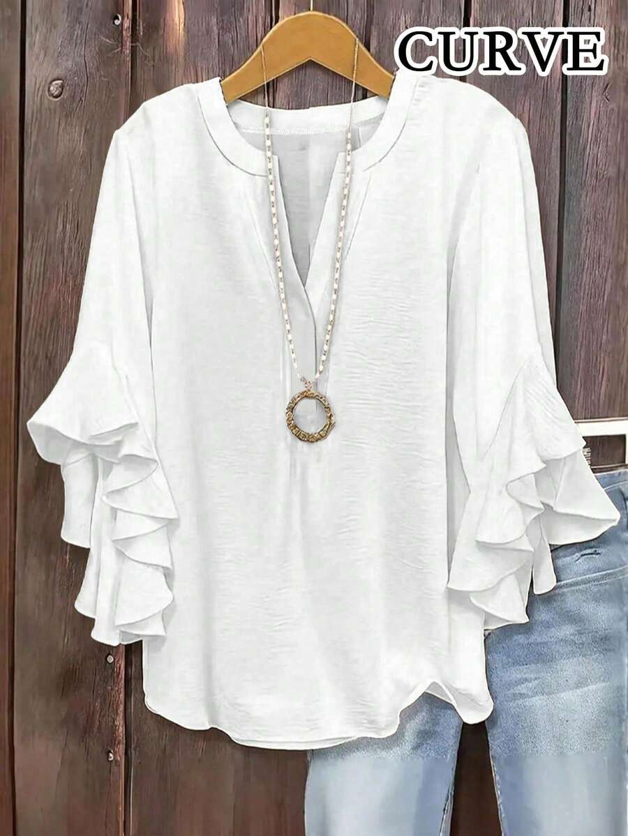 Plus Size Women V-Neck Ruffle Sleeve Blouse White Spring - White - View 1