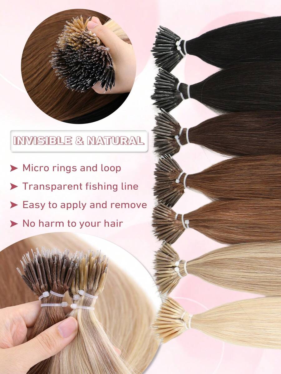 12-22 Inch 30g-50g Nano Ring Hair Extensions, Nano Bead Real Human Hair Buns, Straight, Suitable For Daily, Wedding And Party - Multicolor - View 1
