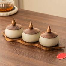1件复古零食碗，粗陶碗配木盖，分格糖果坚果盘套装，微波炉和洗碗机适用陶瓷碗，适合客厅、茶室、餐厅装饰 - 粗陶+棕色 - 查看 12