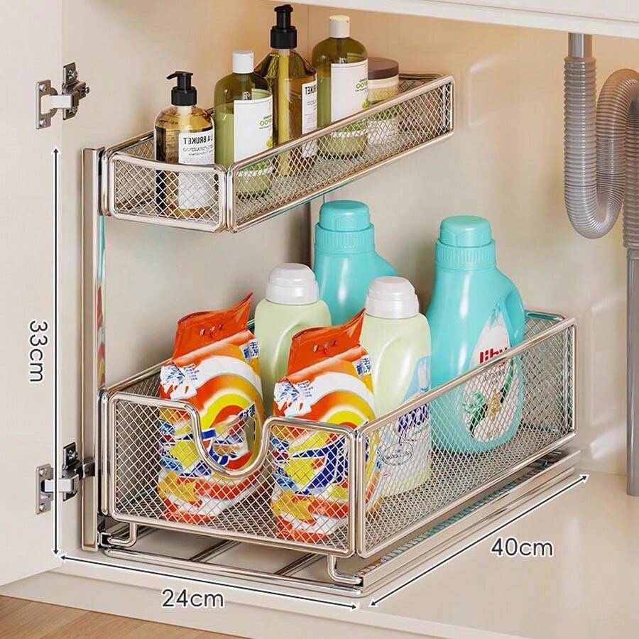 AIMECO キッチンシンク下ラック 引き出し式デザイン 多層メッシュ素材 スライド式収納 + 省スペース キャビネット内整理・小物収納に最適なキッチン用品 - シルバー - 2層式 [引き出し式] - チェックする 1