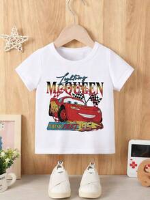 Disney Baby Boy T-Shirt Featuring A Cars Lightning McQueen Lettering Cartoon Print. Made From Breathable, Soft, And Comfortable Fabric, This Spring/Summer Baby T-Shirt Is Perfect For Everyday Wear, Outings, And As A Gift For Infants And Toddlers. - 白色 - 查看 2